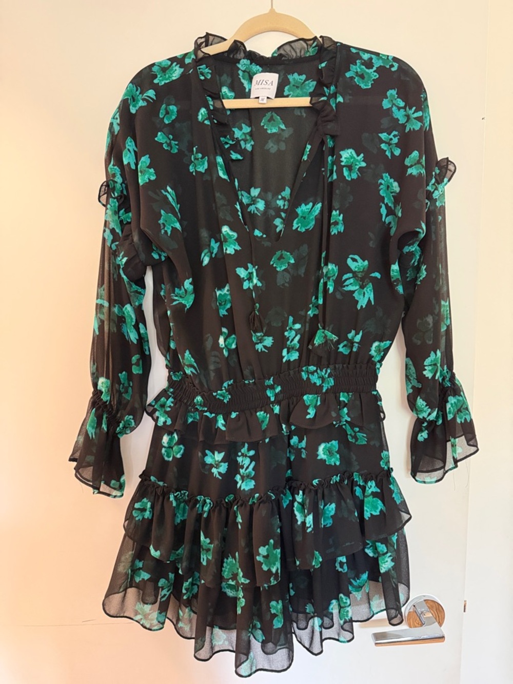 Misa Los Angeles Black Mini Dress with Teal Floral Print